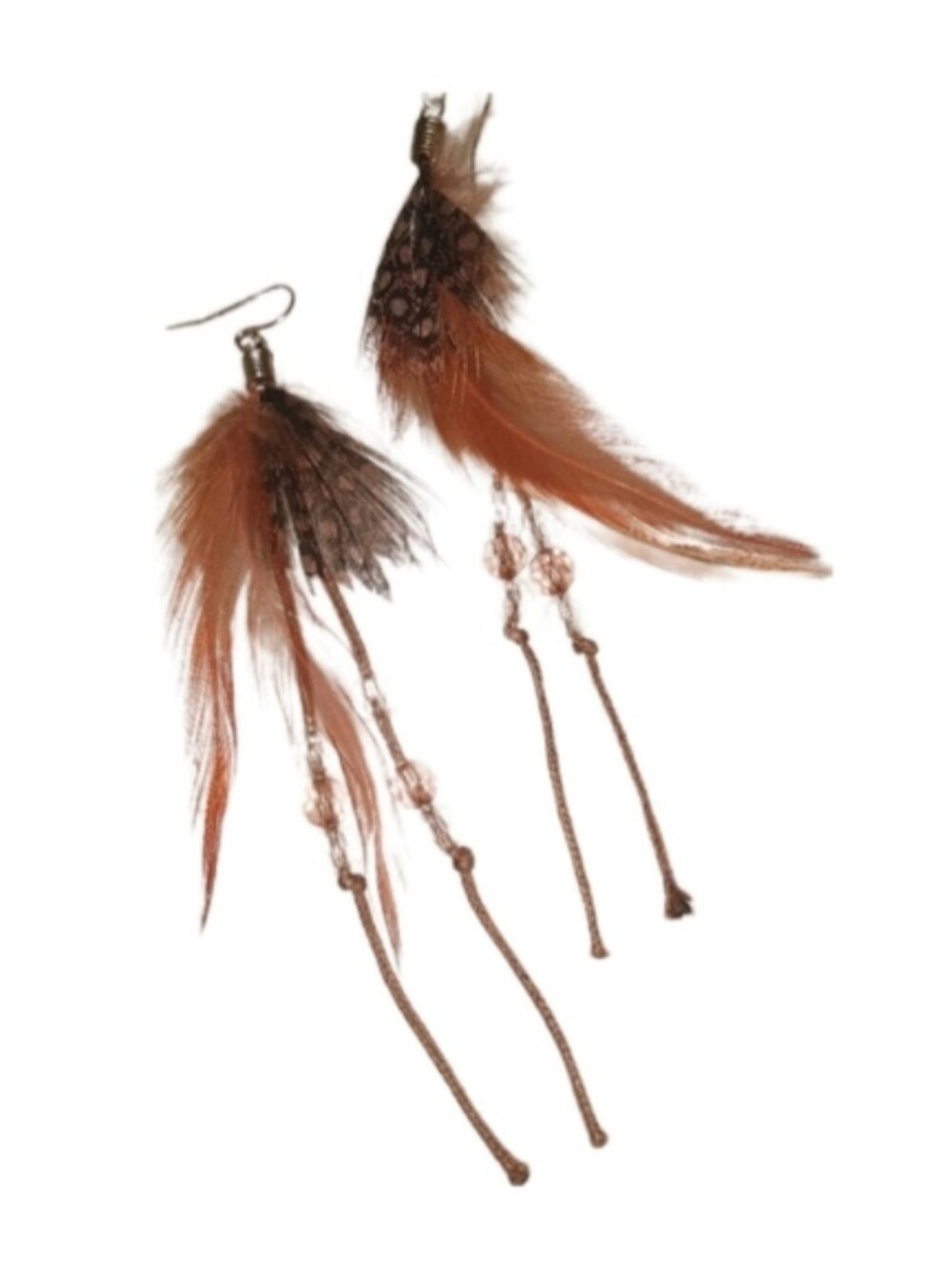 Light Brown Feather & Bead Boho Pierced Earrings